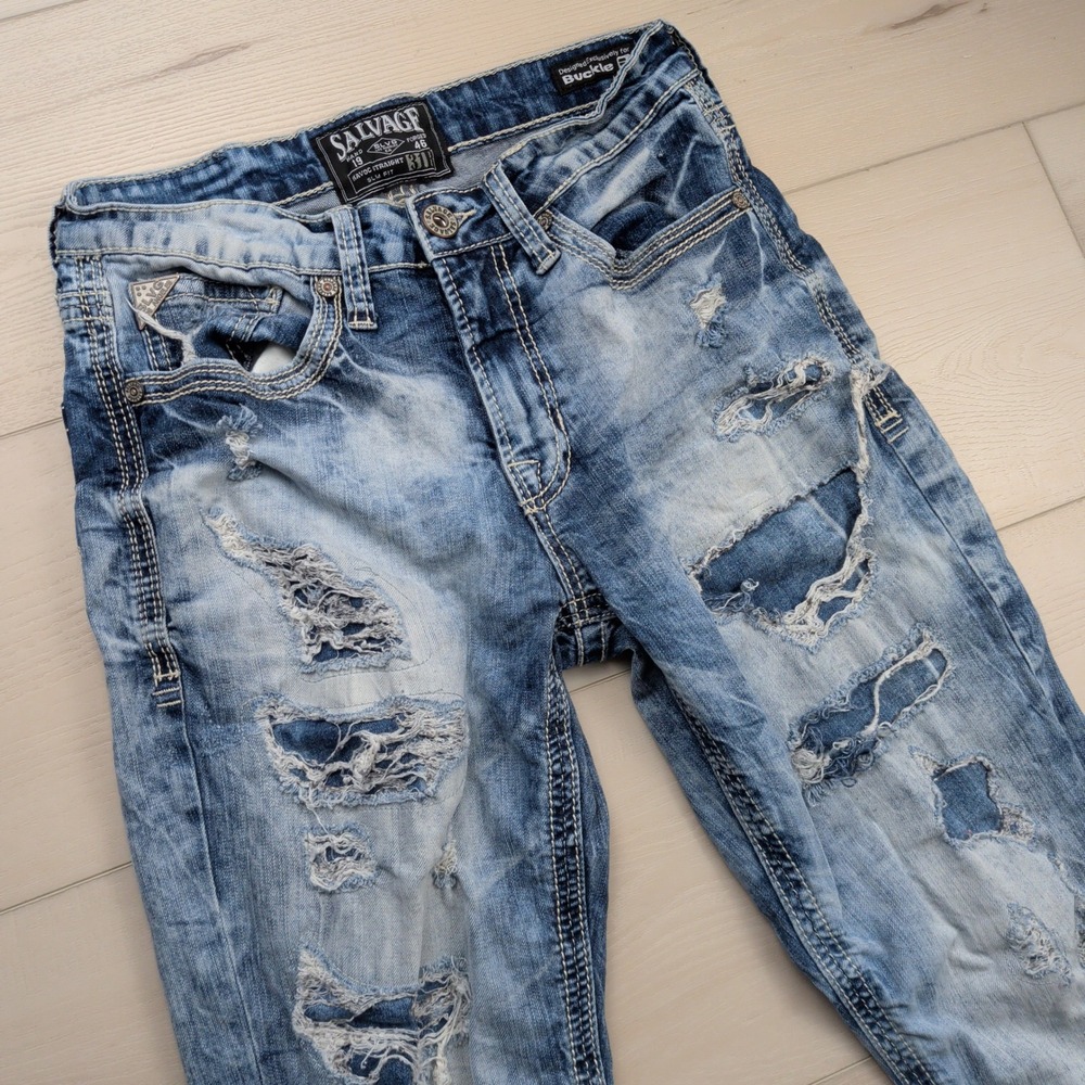 Salvage Havoc Straight Slim Fit Distressed Blue Jeans Mens 31 Buckle 31x32